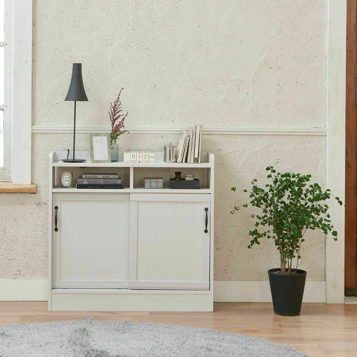 キャビネット 棚 幅90cm 高さ86cm ホワイト 白木目 カウンター下 薄型