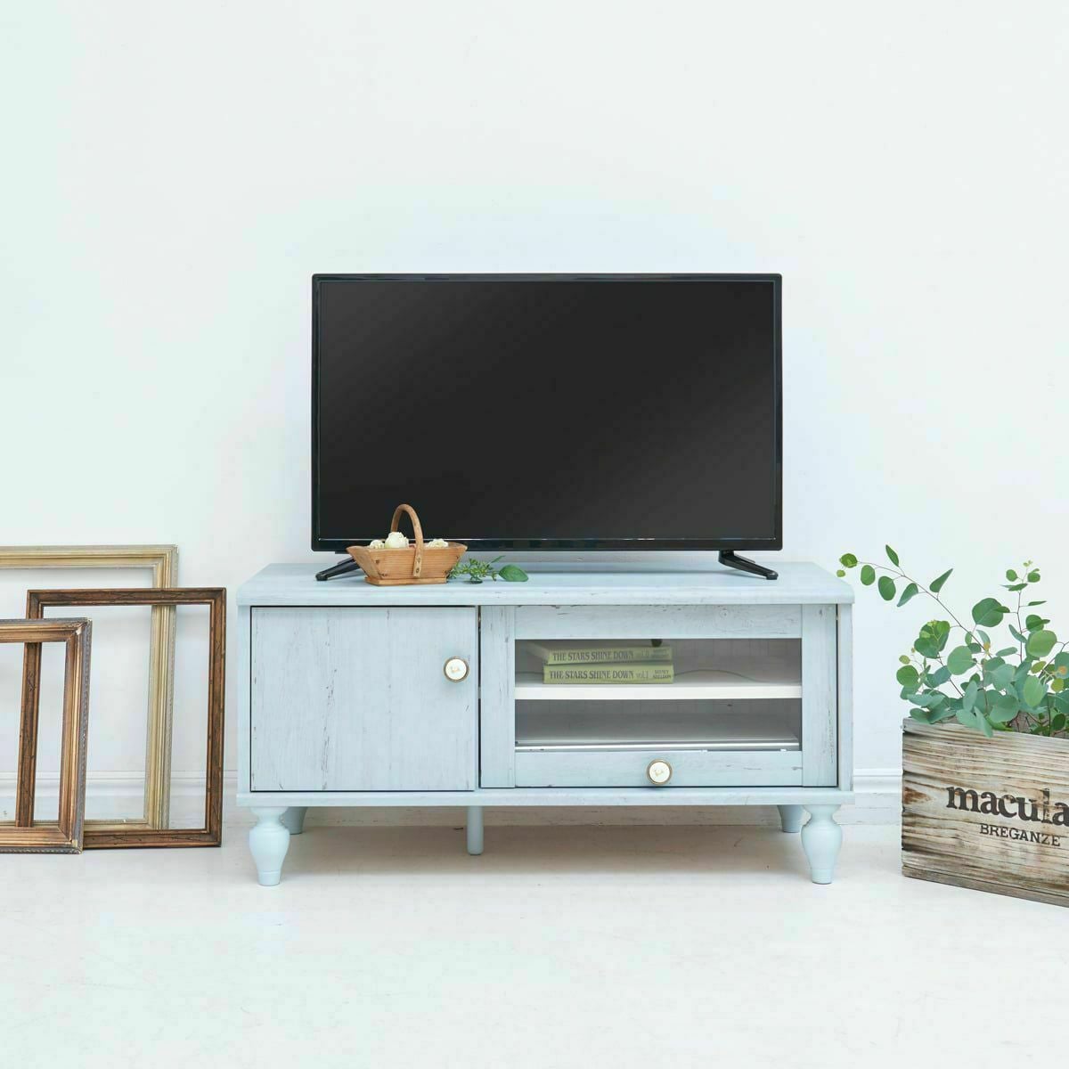 テレビ台 幅90cm 高さ44cm ブルー ホワイト 白木目 32V型対応 フラップ