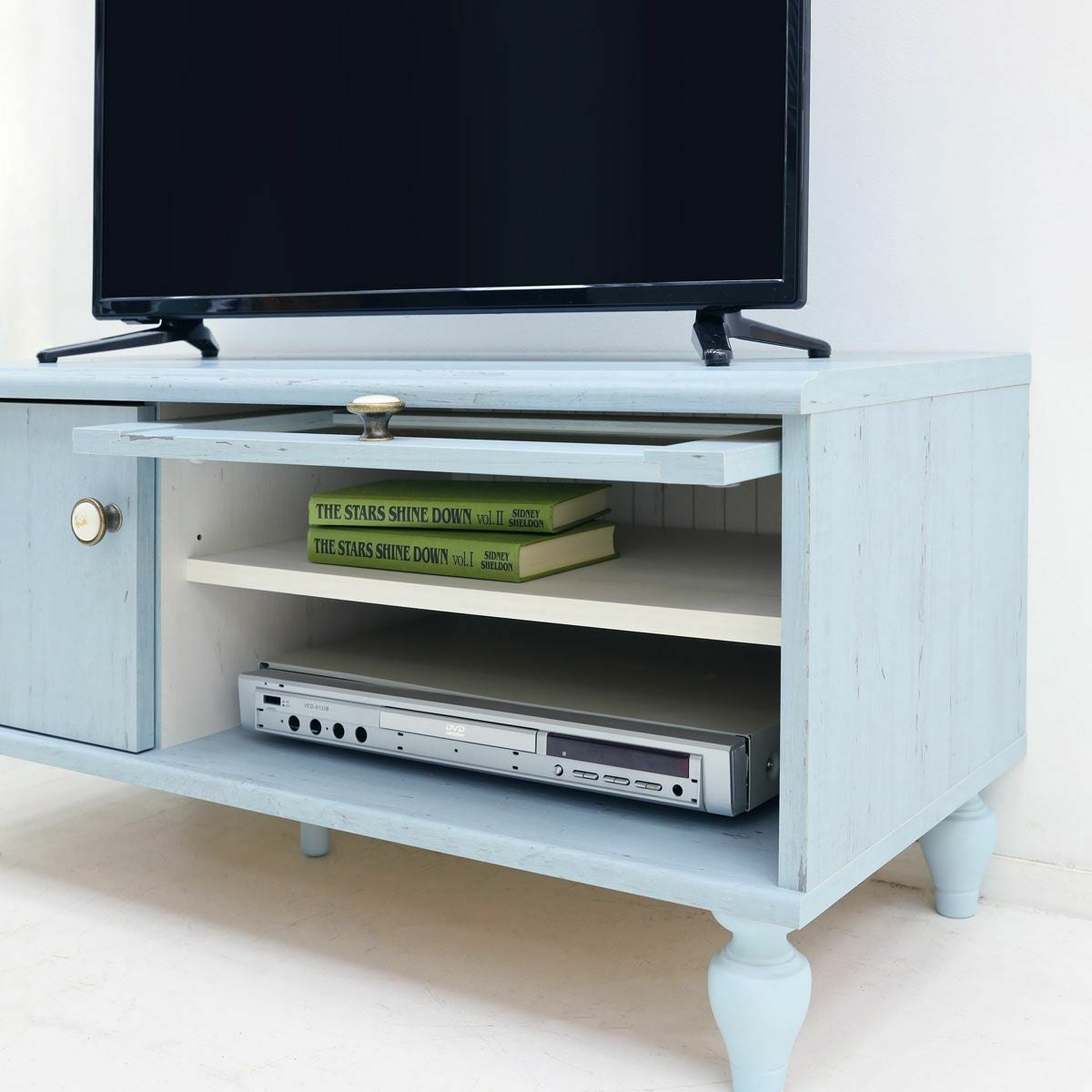 テレビ台 幅90cm 高さ44cm ブルー ホワイト 白木目 32V型対応 フラップ