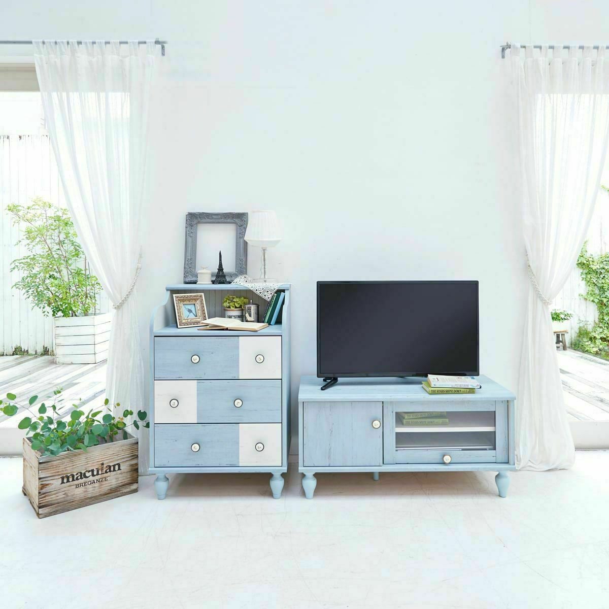 テレビ台 幅90cm 高さ44cm ブルー ホワイト 白木目 32V型対応 フラップ