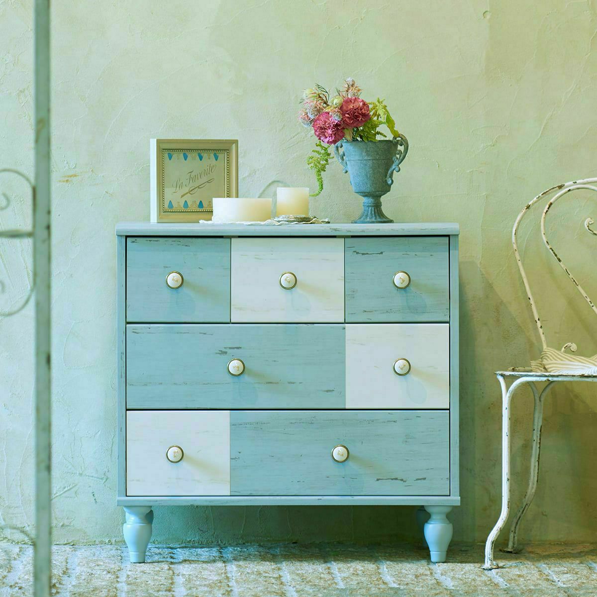 チェスト タンス 幅72cm 高さ71cm ブルー ホワイト 白木目 フレンチ