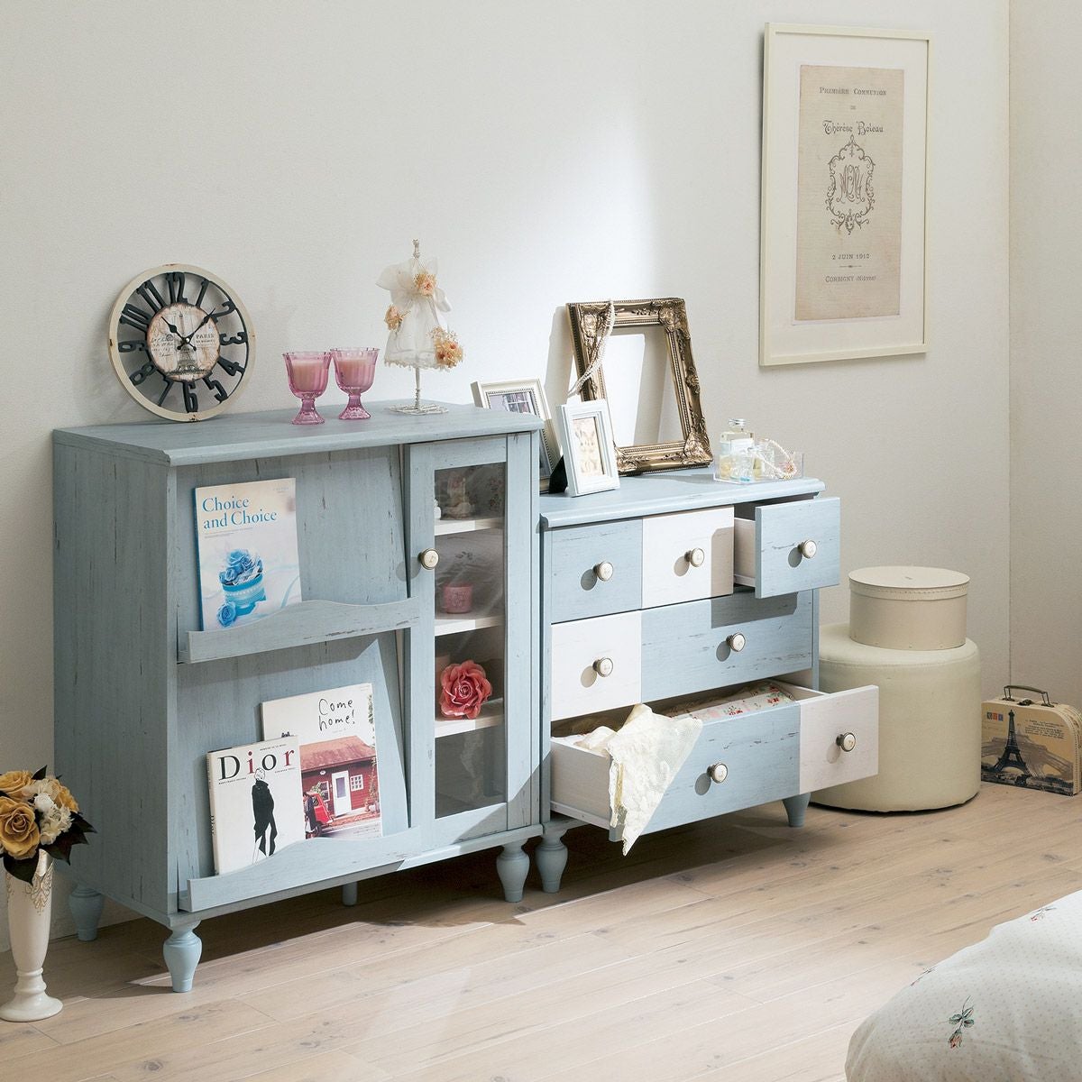 チェスト タンス 幅72cm 高さ71cm ブルー ホワイト 白木目 フレンチ