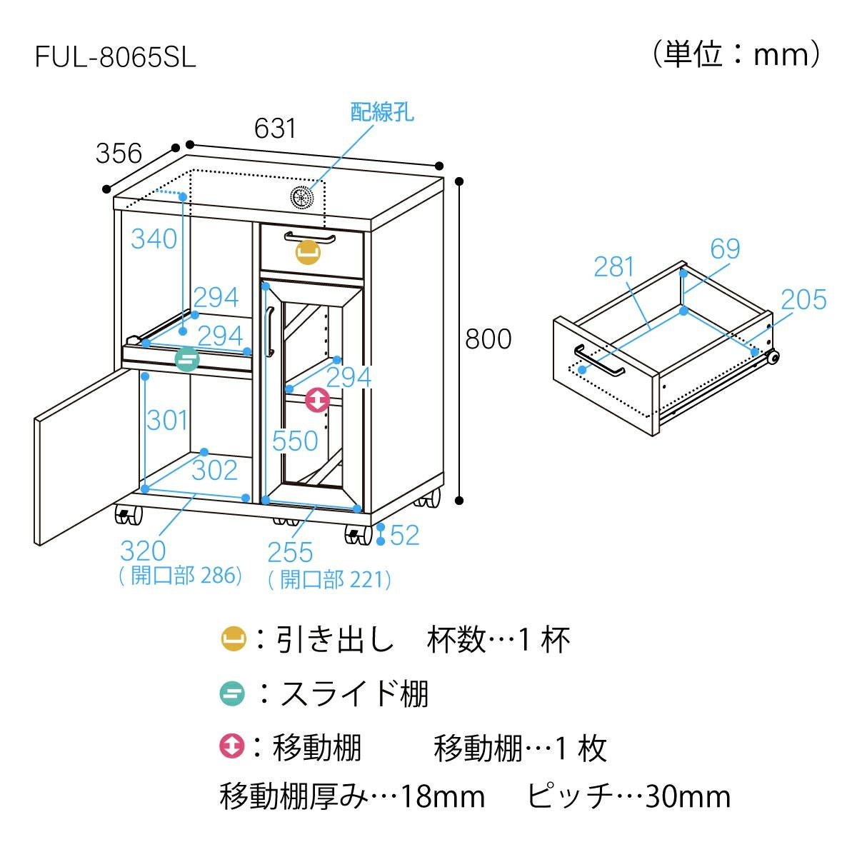 カウンターワゴン 食器棚 幅64cm 高さ80cm ナチュラルブラウン