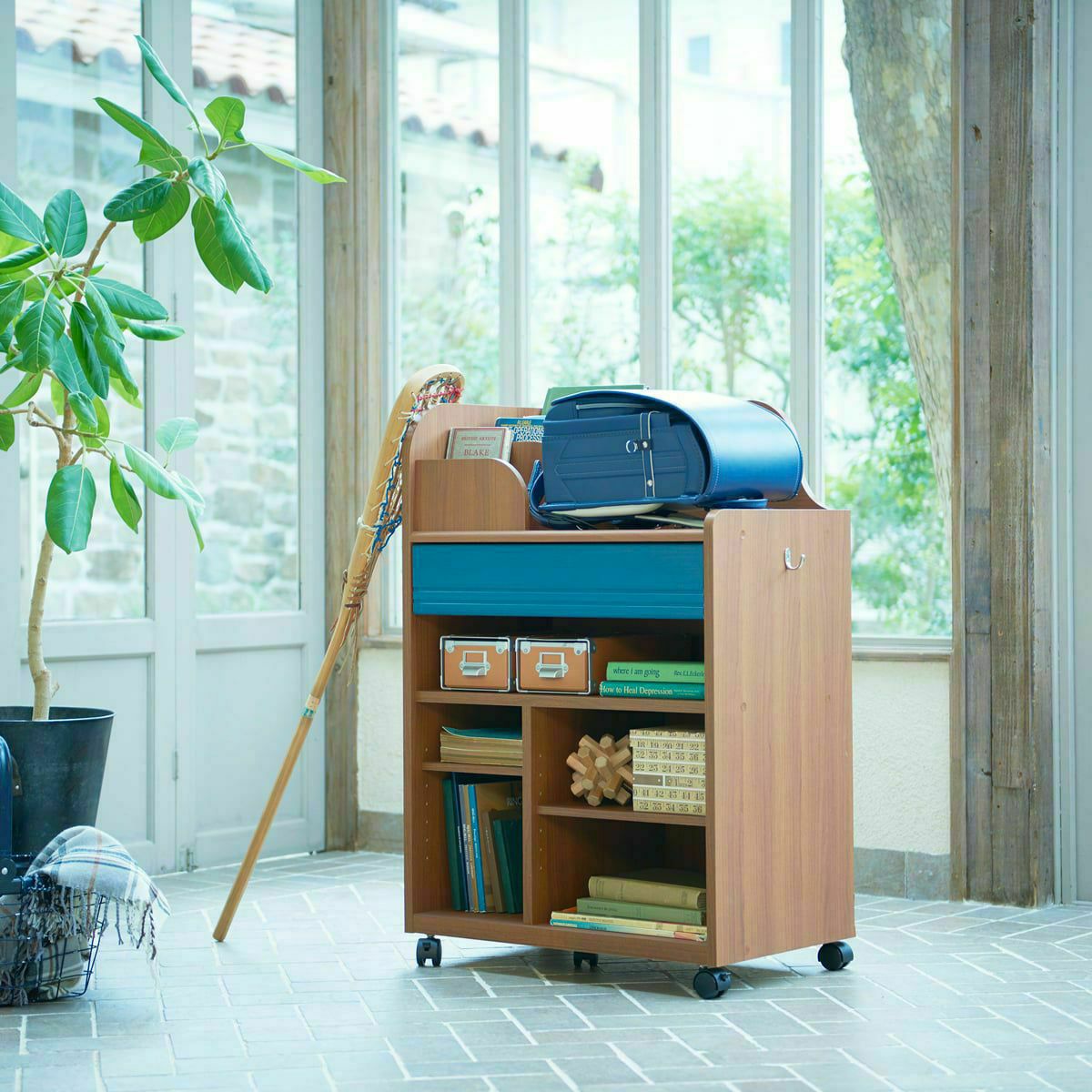 ランドセルラック 幅63cm 高さ94cm ダークブラウン ブルー ランドセル