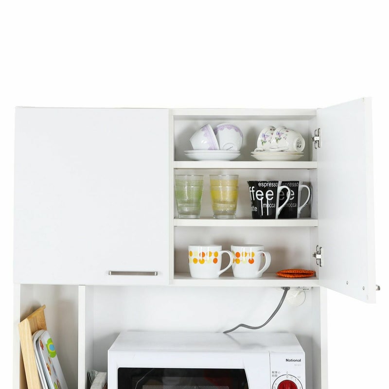 [上の扉収納]上の扉収納には3cm間隔で高さを調節できる移動棚付き。左右で計4枚付属しています。