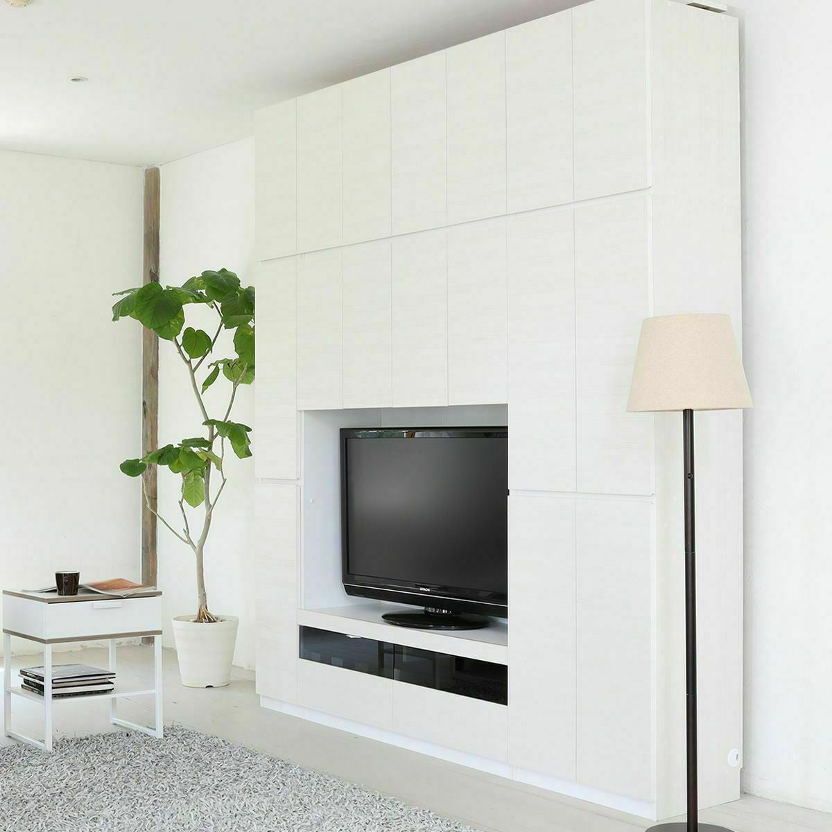 国産 壁面収納 テレビ台 幅120cm 高さ180cm ホワイト 白木目 50V型対応