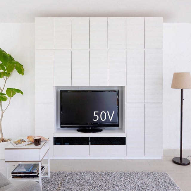 国産 壁面収納 テレビ台 幅120cm 高さ180cm ホワイト 白木目 50V型対応 
