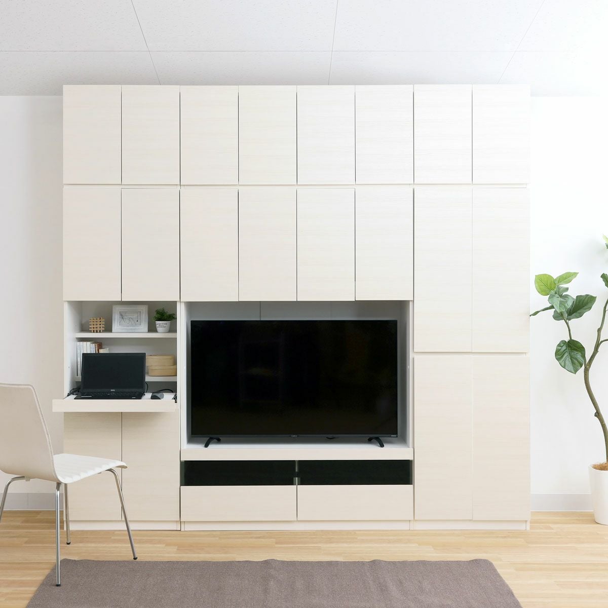 旧型】国産 壁面収納 テレビ台 幅120cm 高さ180cm ホワイト 白木目 50V