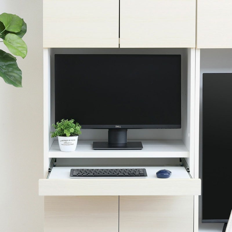 [デスクトップモニターも置ける]オープン部分の棚板をスライド棚の上に並べて設置すると、デスクトップモニターを置くことができます。※約幅56.5cm、約高さ42.5cm※画像はWH色