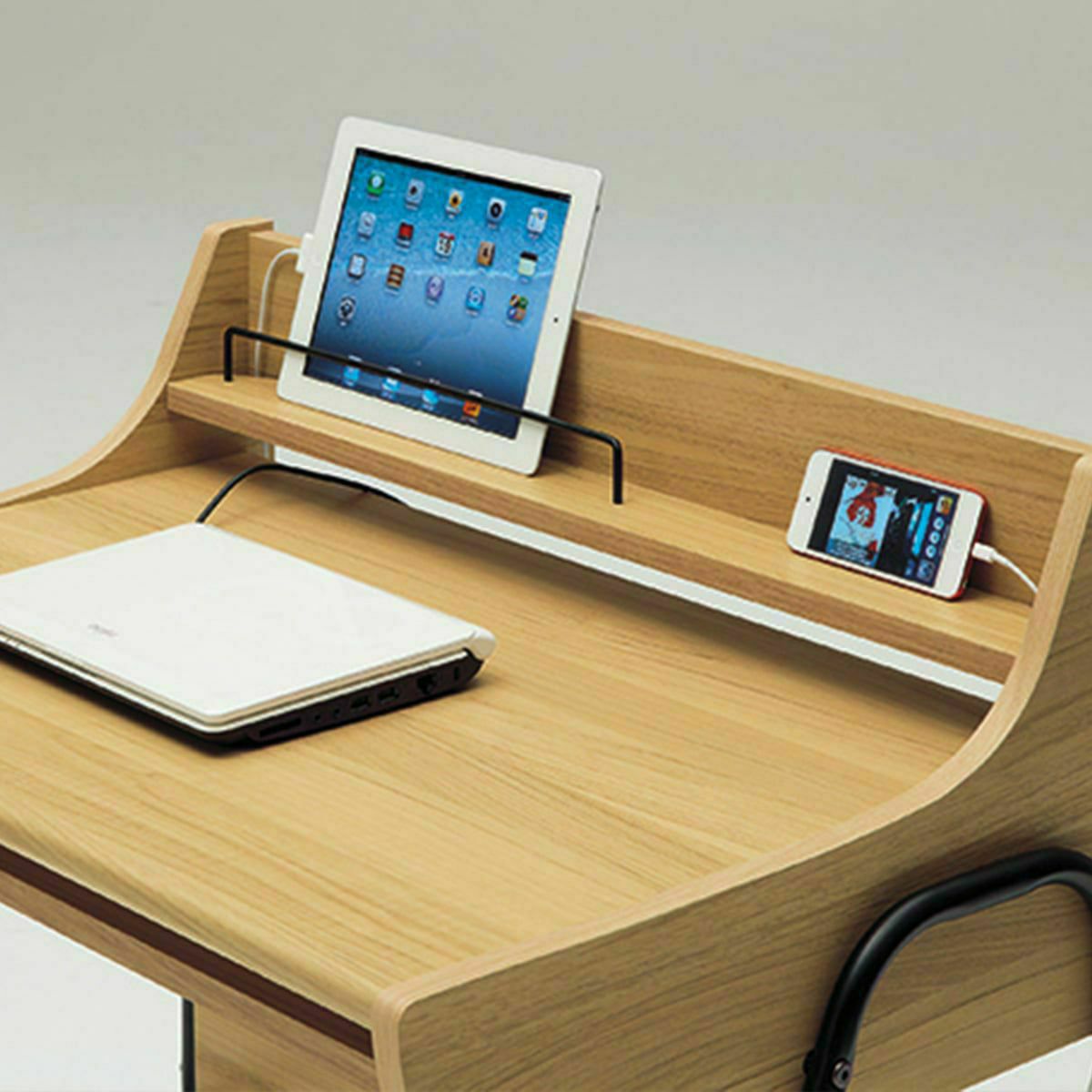 パソコンデスク 机 幅79cm 高さ86cm ホワイト 白木目 配線穴 背面化粧