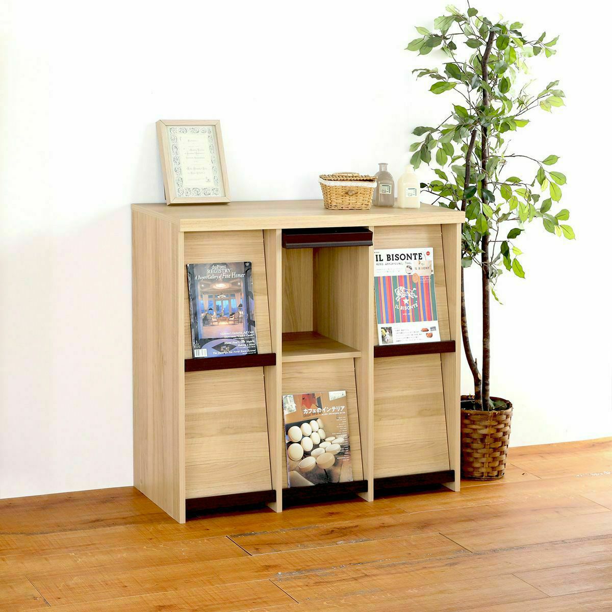 ディスプレイラック 幅95cm 高さ89cm ナチュラルブラウン フラップ扉