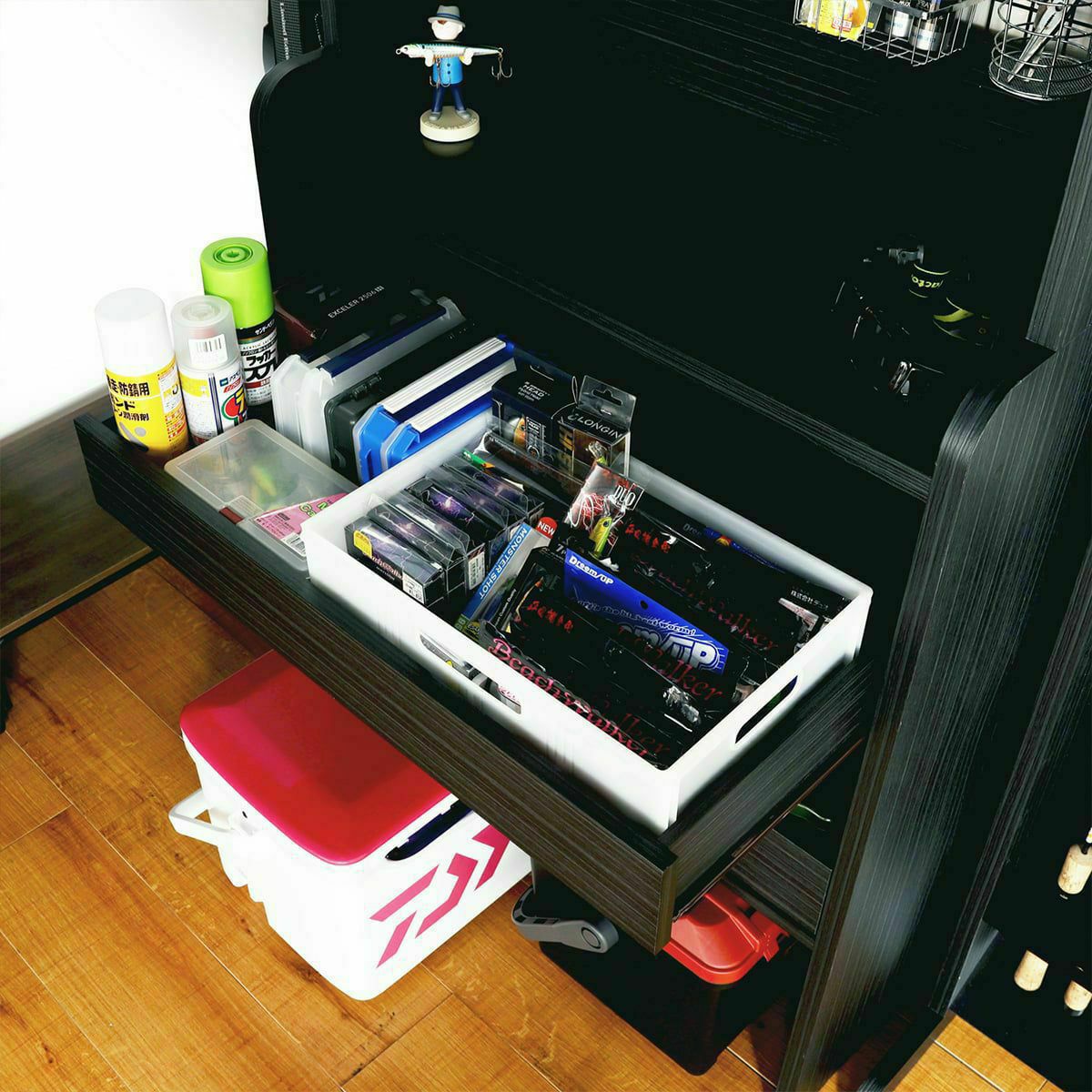 釣具収納 引出トレータイプ 幅80cm 高さ101cm ブラック 黒 木目