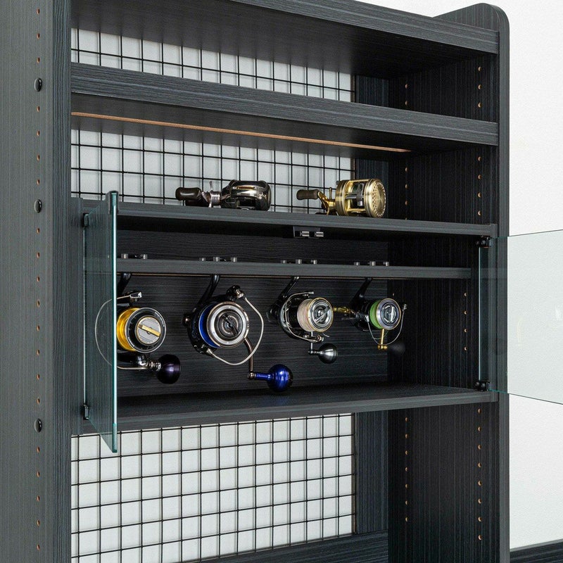 [【別売】リールキャビネット]高級リールの収納にぴったりな、ガラスキャビネットのリール収納（PSR-3075G BK）を連結して使うことができます。
