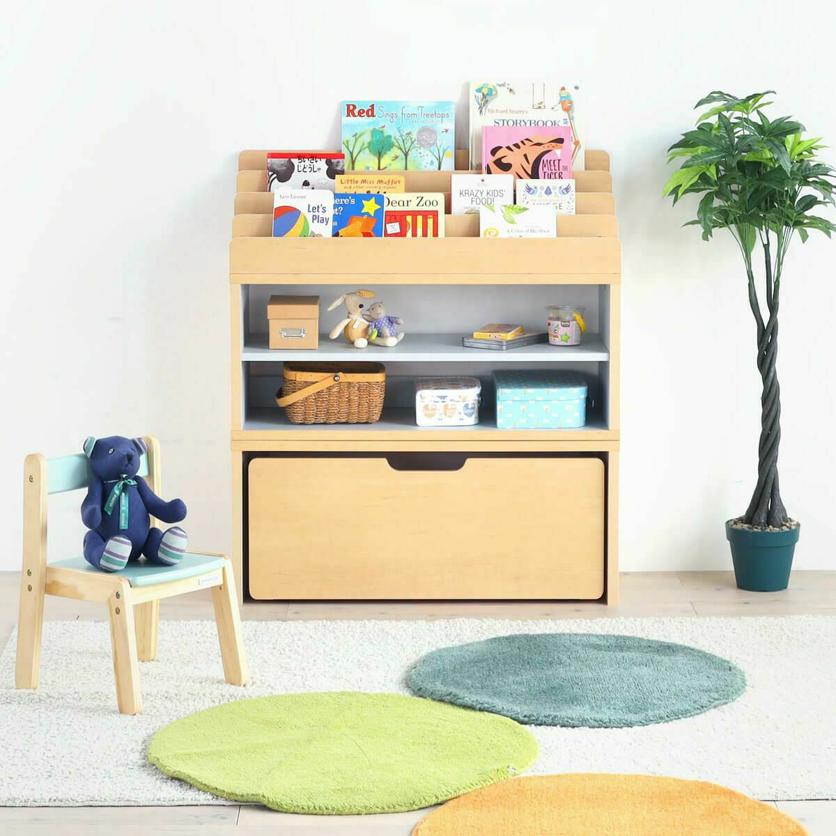 キッズ用ラック 収納棚 幅91cm 高さ38cm ナチュラルブラウン グレー