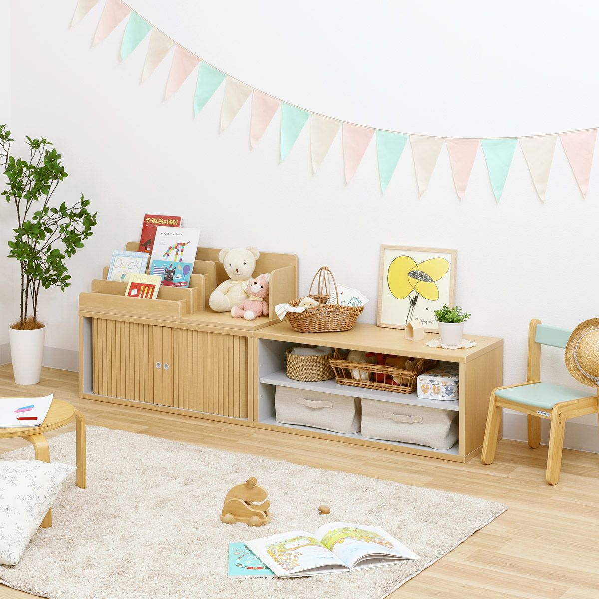 キッズ用ラック 収納棚 幅91cm 高さ38cm ナチュラルブラウン グレー