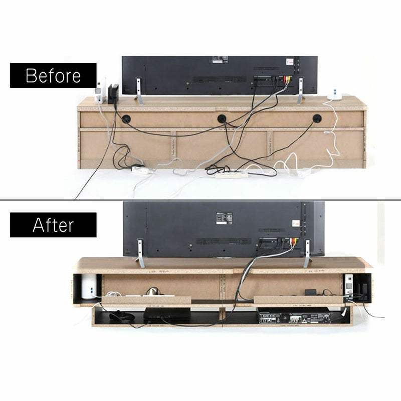 [配線イメージ]電源タップ収納や配線穴を活用してコードを収納する事で、テレビ台裏の配線がすっきりします。※画像はDK色