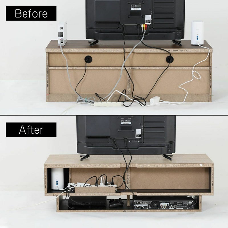 [配線イメージ]電源タップ収納や配線穴を活用してコードを収納する事で、テレビ台裏の配線がすっきりします。※画像はNA色