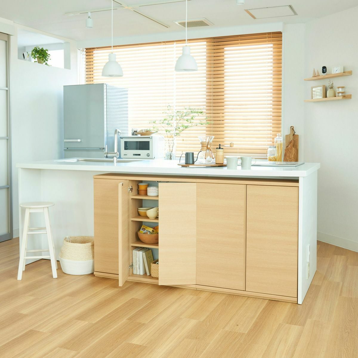 キャビネット 棚 幅90cm 高さ85cm ホワイト 白 カウンター下 プッシュ