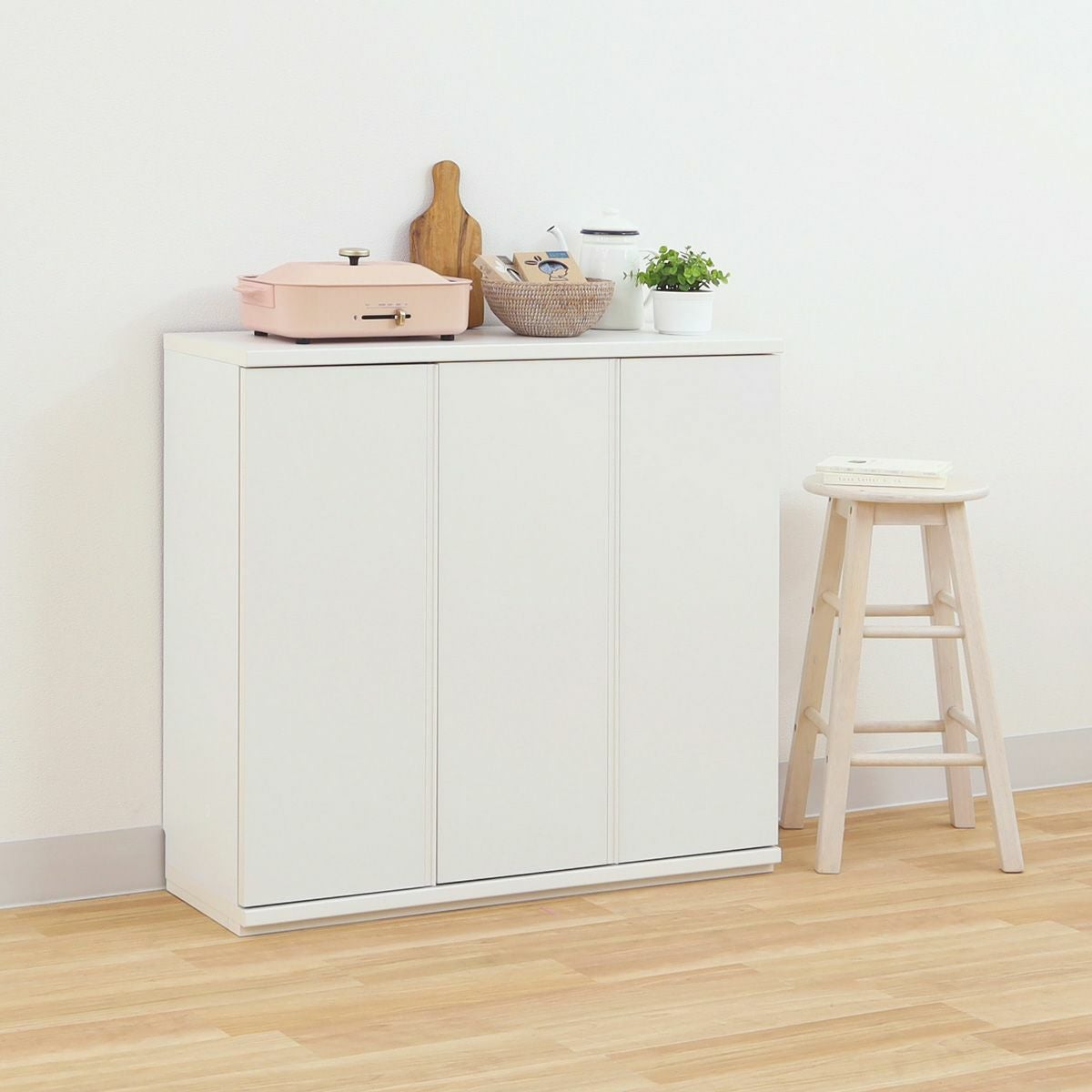 キャビネット 棚 幅90cm 高さ85cm ホワイト 白 カウンター下 プッシュ