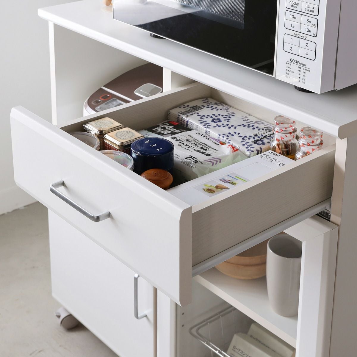 カウンターワゴン レンジ台 幅74cm 高さ85cm ホワイト 白 スライド棚
