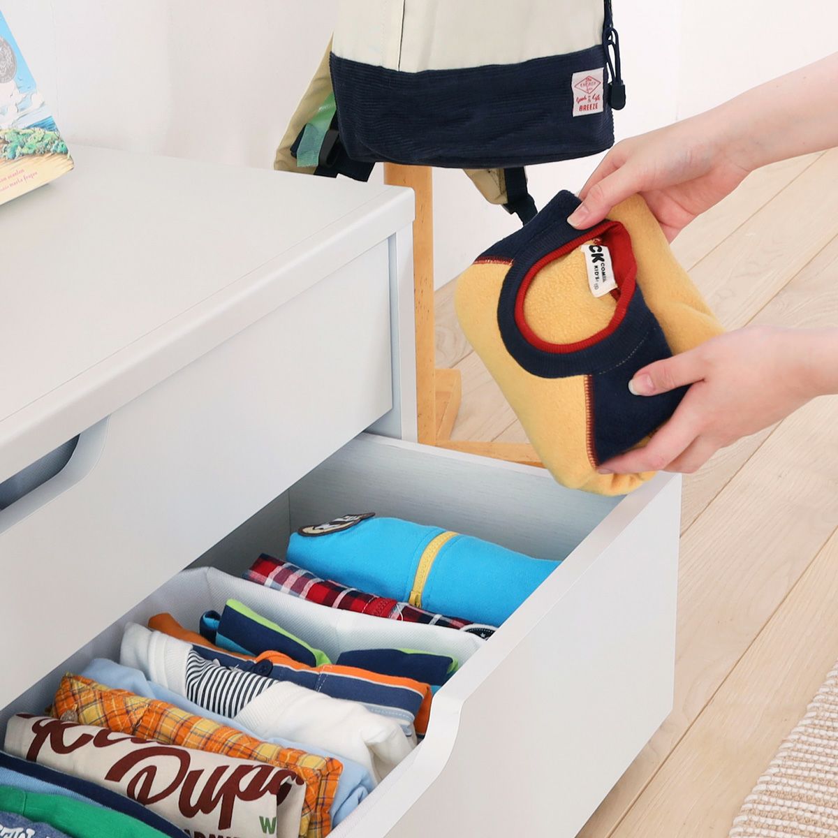 キッズ用チェスト 子供服収納 幅91cm 高さ38cm アイボリー グレー 引出