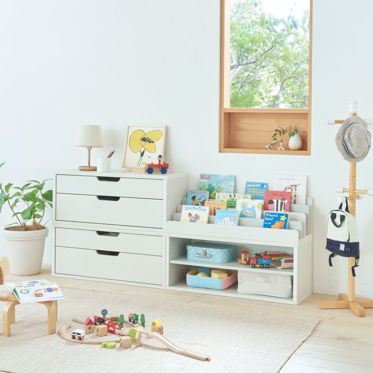 キッズ用チェスト 子供服収納 幅91cm 高さ38cm アイボリー グレー 引出
