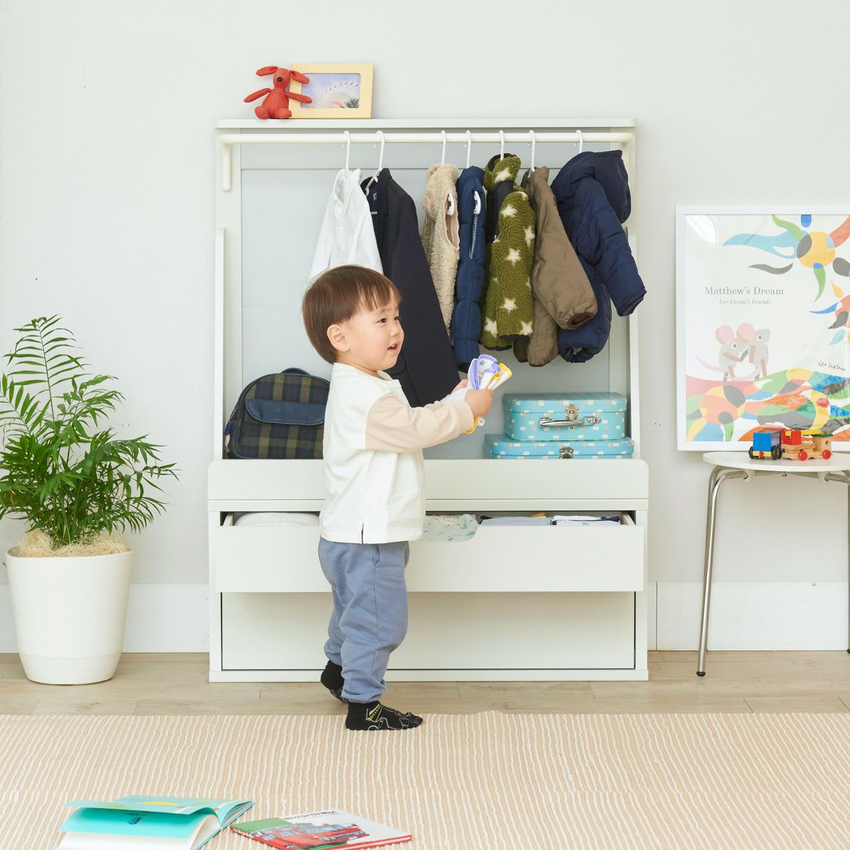 キッズ用チェスト 子供服収納 幅91cm 高さ38cm アイボリー 引出収納