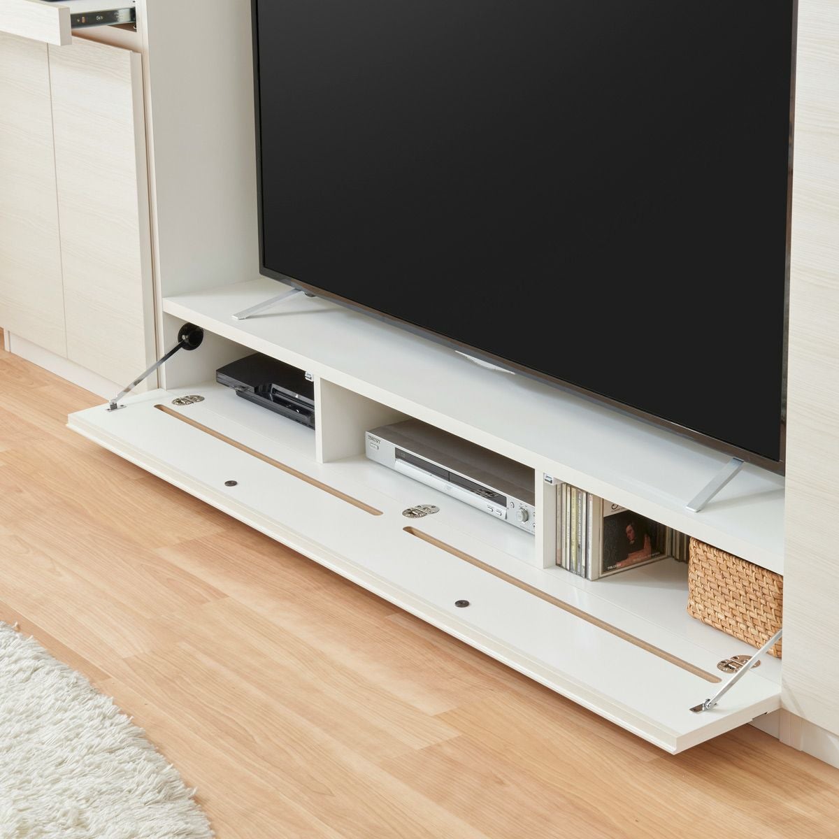 国産 壁面収納 テレビ台 幅150cm 高さ180cm ホワイト 白木目 65V型対応