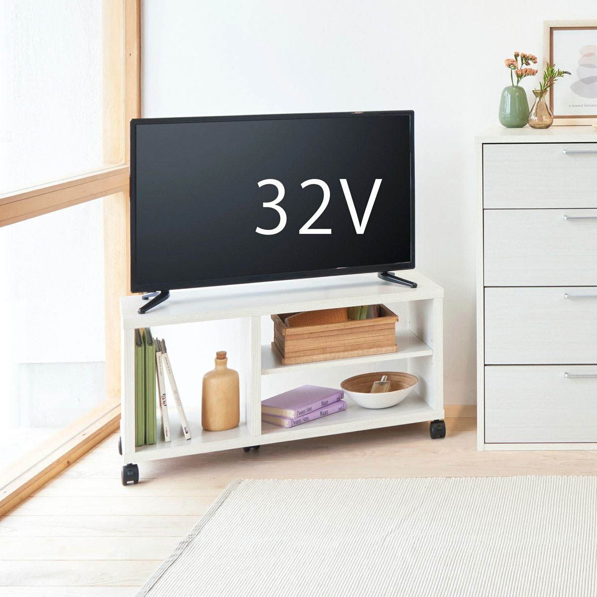 テレビ台 幅80cm 高さ40cm ホワイト 白木目 32V型対応 キャスター付