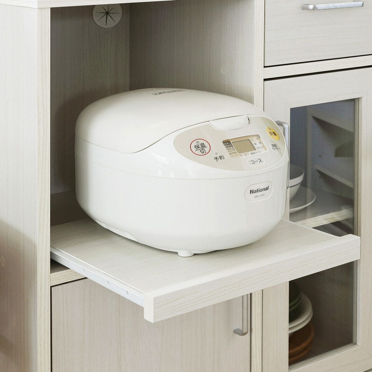 カウンターワゴン 食器棚 幅64cm 高さ80cm ホワイト 白木目 スライド棚