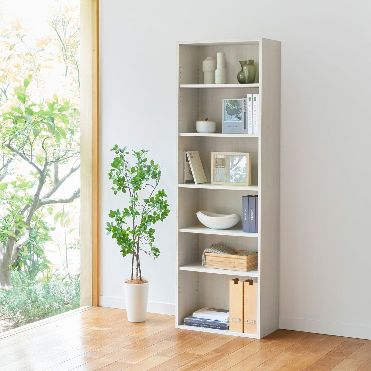 フリーラック 幅59cm 高さ180cm ホワイト 白木目 本棚 シェルフ