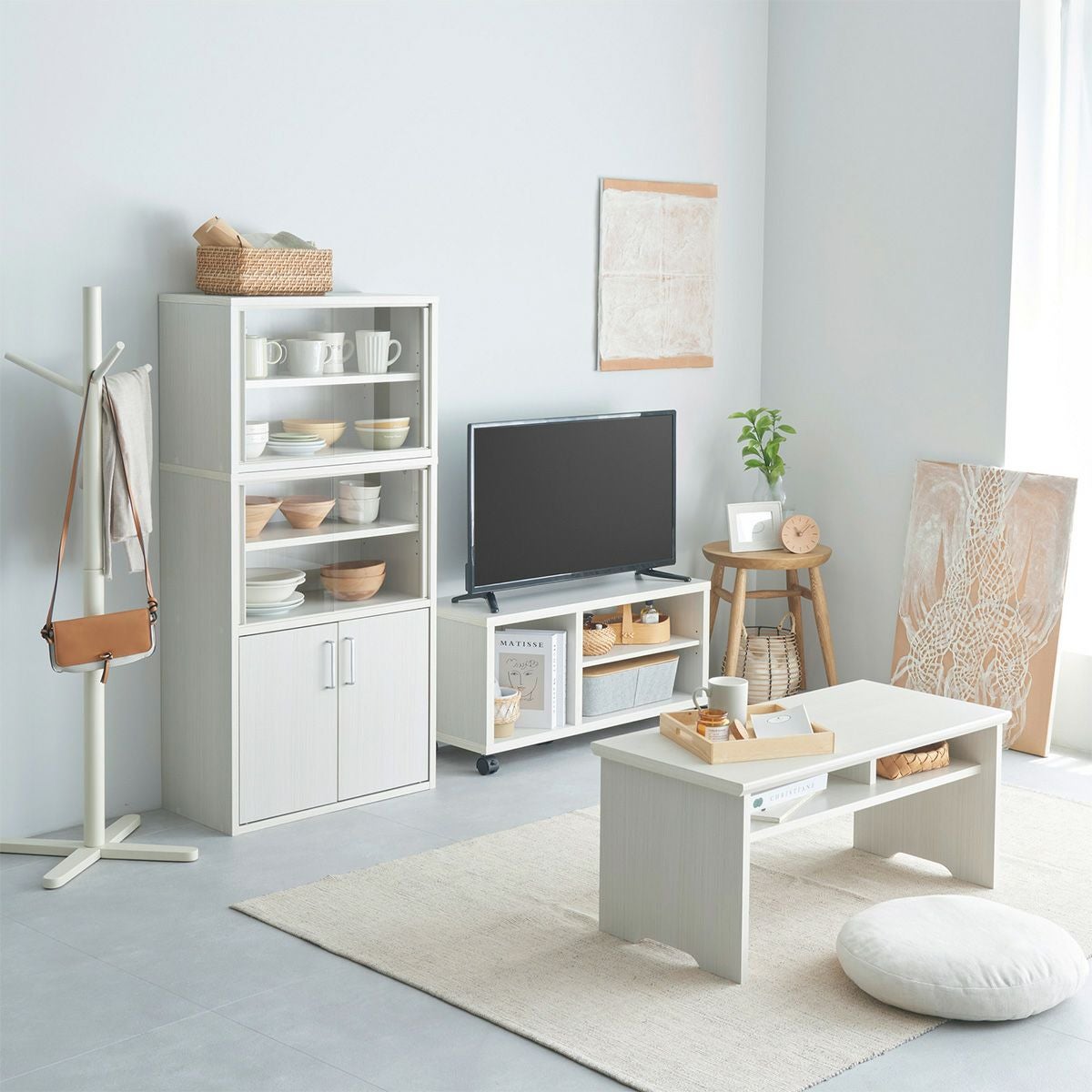 テーブル 机 幅81cm 高さ37cm ホワイト 白木目 中棚付き センター