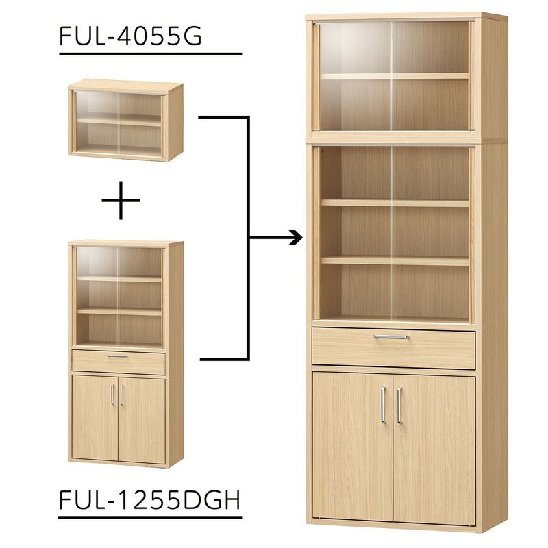 [食器をたくさん収納したい方におすすめ]FUL-4055GDKと連結すると、高さ157cmの食器棚になります。ガラス引き戸の収納で、食器をたくさん収納できます。※画像はNA色