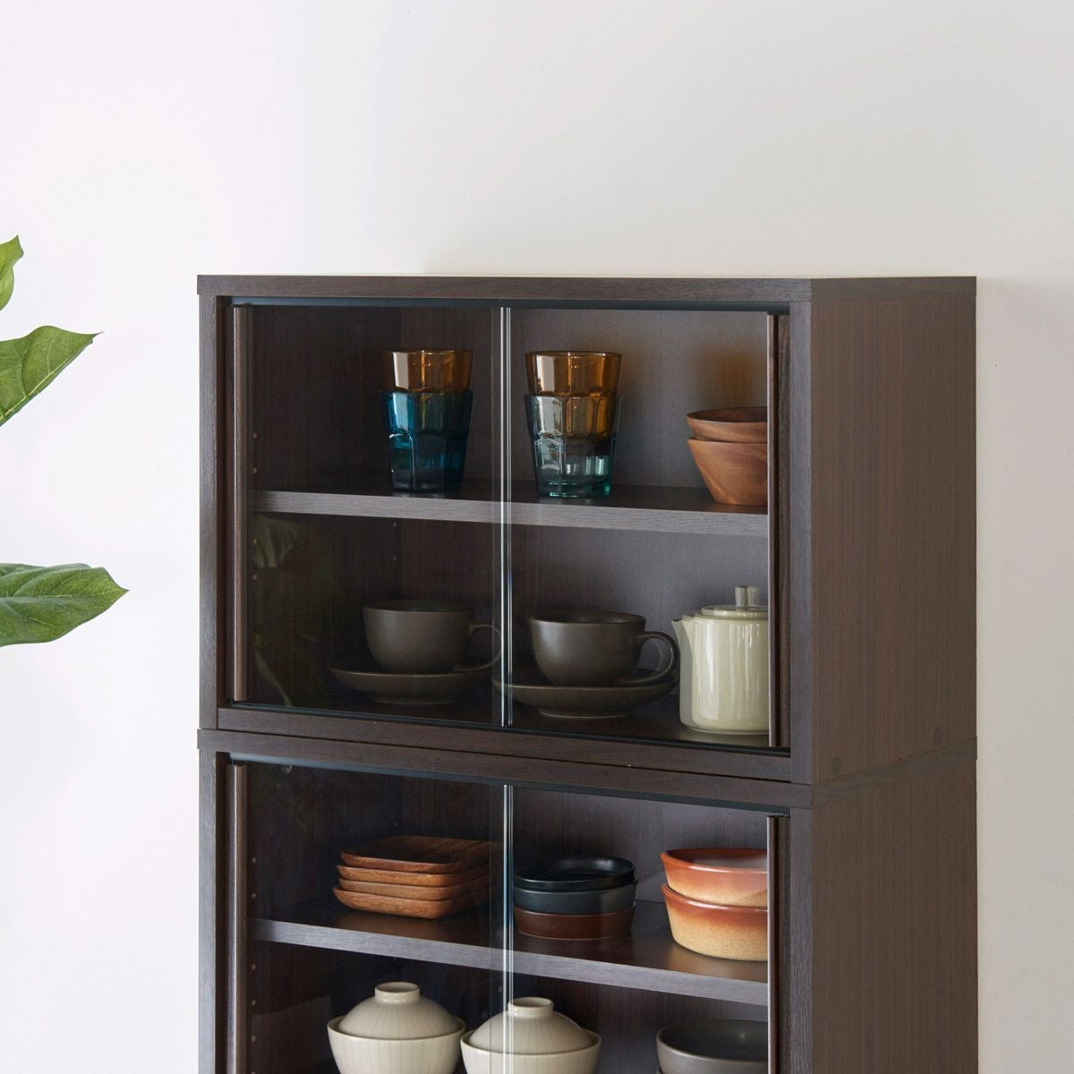 食器棚 ミニ 幅57cm 高さ38cm ダークブラウン ガラス引き戸 組み合わせ