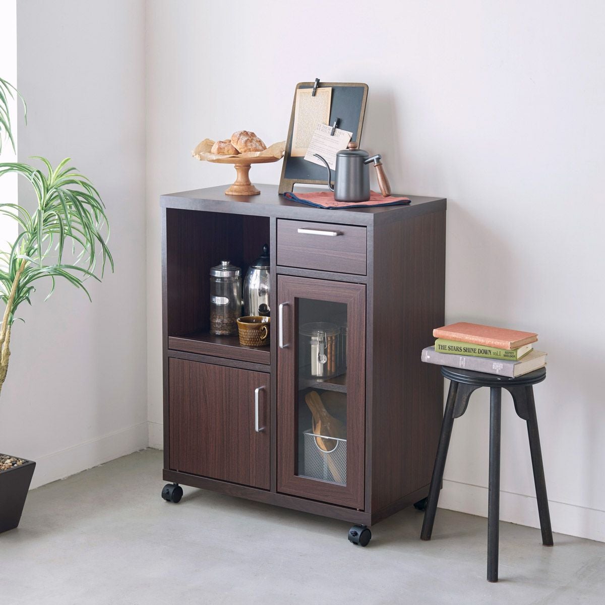 カウンターワゴン 食器棚 幅64cm 高さ80cm ダークブラウン スライド棚
