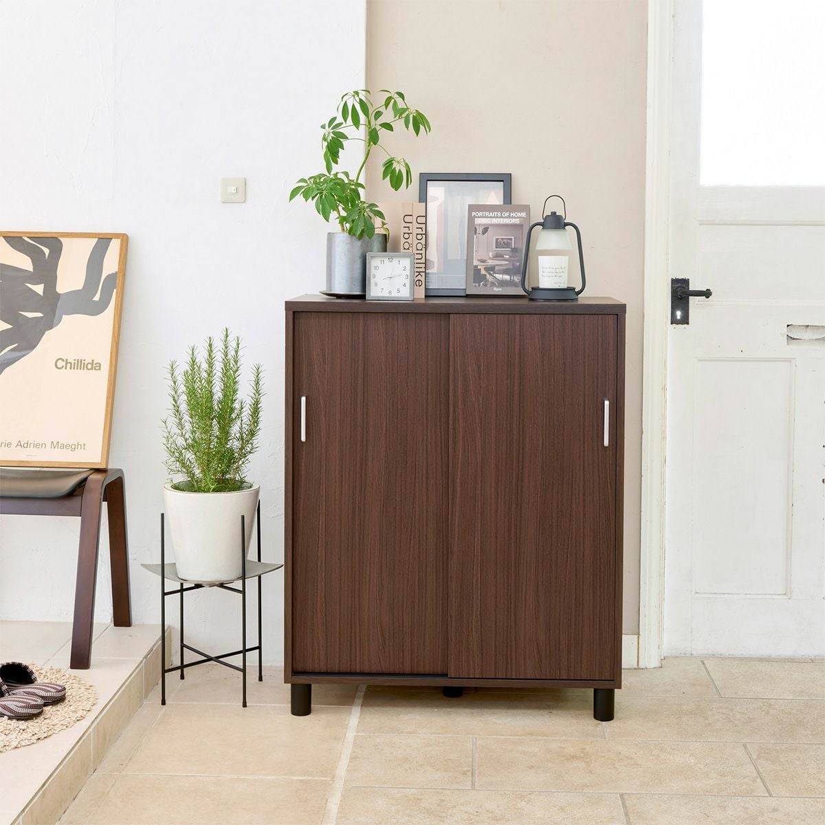 下駄箱 シューズボックス 幅81cm 高さ99cm ダークブラウン 引き戸 約24