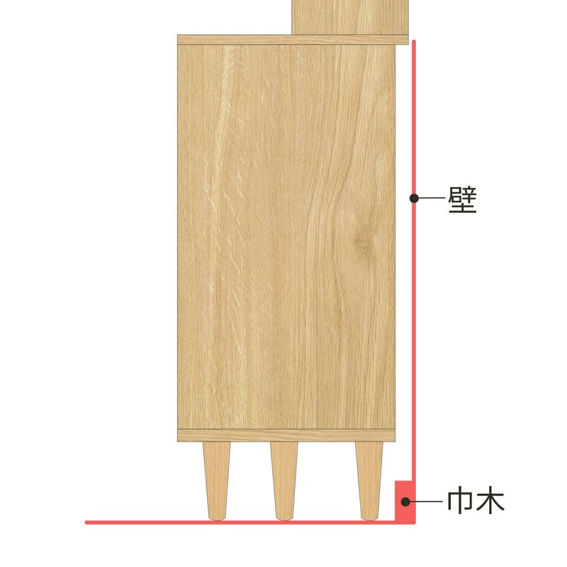 [巾木よけ]天板が背面に1cm出ているので、背板と壁の間に隙間ができて、巾木をよけられる構造です。