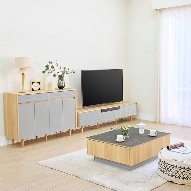 キャビネット 棚 幅120cm 高さ86cm グレー ナチュラルブラウン 扉付 