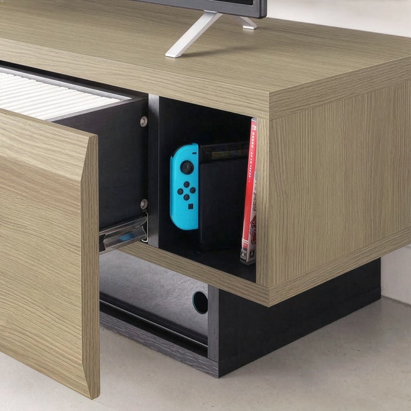[縦置きゲーム機などの収納]引き出し横のスペースにはSwitchやWiiなどの縦置きゲーム機やWi-Fiルーターを収納できます。