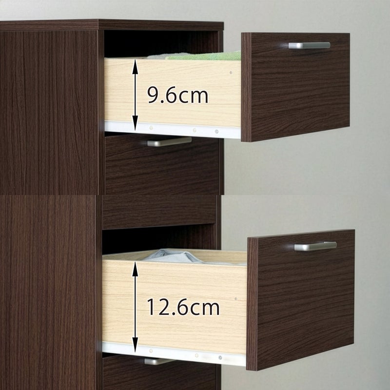 [深さが異なる2サイズの引出]上から1段目は深さ9.6cm、2段目から5段目は深さ12.6cmの2サイズの引出。収納物に合わせてスペースの無駄なく収納できます。