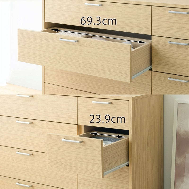 [幅が異なる大小2サイズの引出]左側は内寸幅69.3cm、右側は内寸幅23.9cm。大きな物と小さな物を分けて収納可能です。アイテムの幅に合わせて使い分けることで、整理整頓がはかどります。