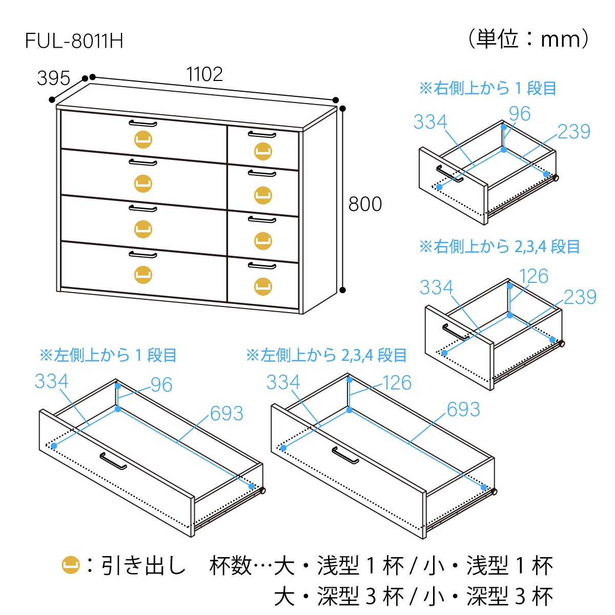チェスト タンス 幅111cm 高さ80cm ダークブラウン 引出4段2列 衣類